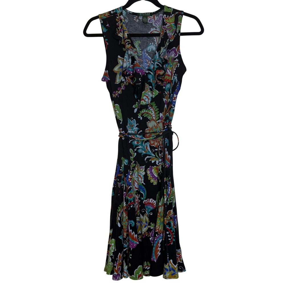Lauren Ralph Lauren Black Paisley Ruffle V Neck Sleeveless Maxi Dress Belted L